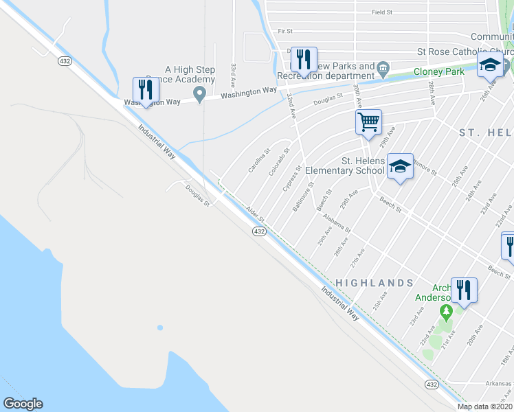 map of restaurants, bars, coffee shops, grocery stores, and more near 212 Colorado Street in Longview