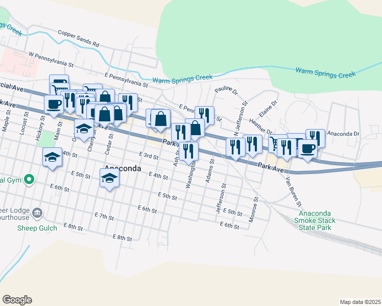 map of restaurants, bars, coffee shops, grocery stores, and more near 800-898 E 3rd St in Anaconda