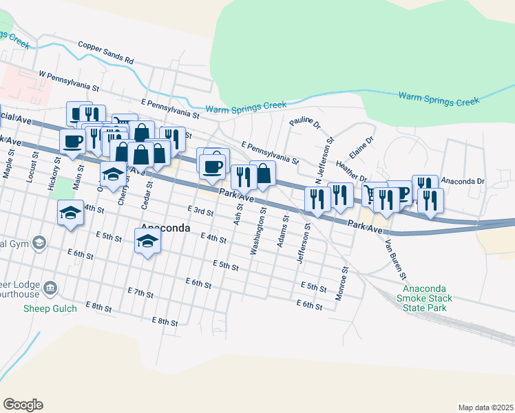 map of restaurants, bars, coffee shops, grocery stores, and more near 800-898 E 3rd St in Anaconda