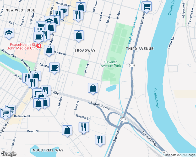 map of restaurants, bars, coffee shops, grocery stores, and more near 743 7th Avenue in Longview