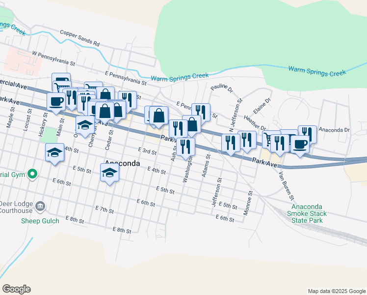 map of restaurants, bars, coffee shops, grocery stores, and more near 811 East Park Avenue in Anaconda