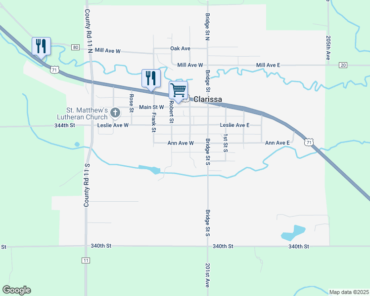 map of restaurants, bars, coffee shops, grocery stores, and more near 105 John Street South in Clarissa