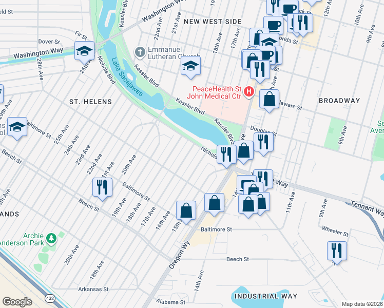 map of restaurants, bars, coffee shops, grocery stores, and more near 650 17th Avenue in Longview