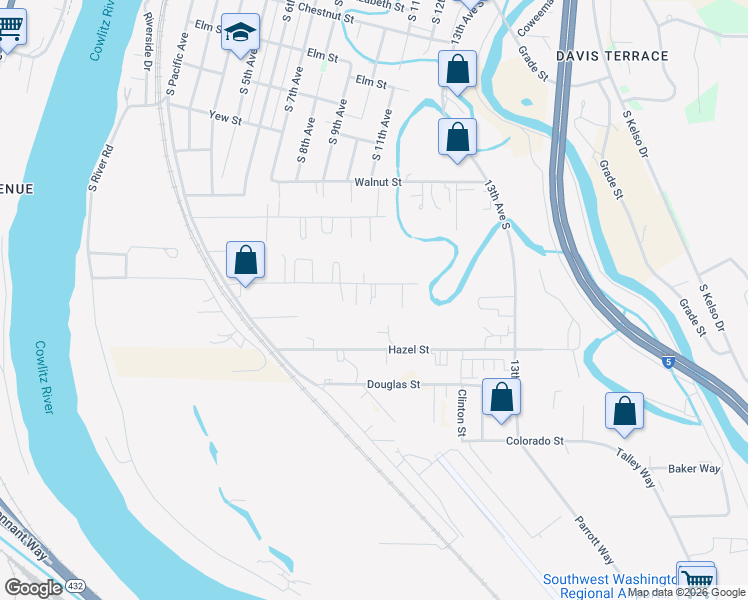 map of restaurants, bars, coffee shops, grocery stores, and more near 409 Hawthorne Street in Kelso