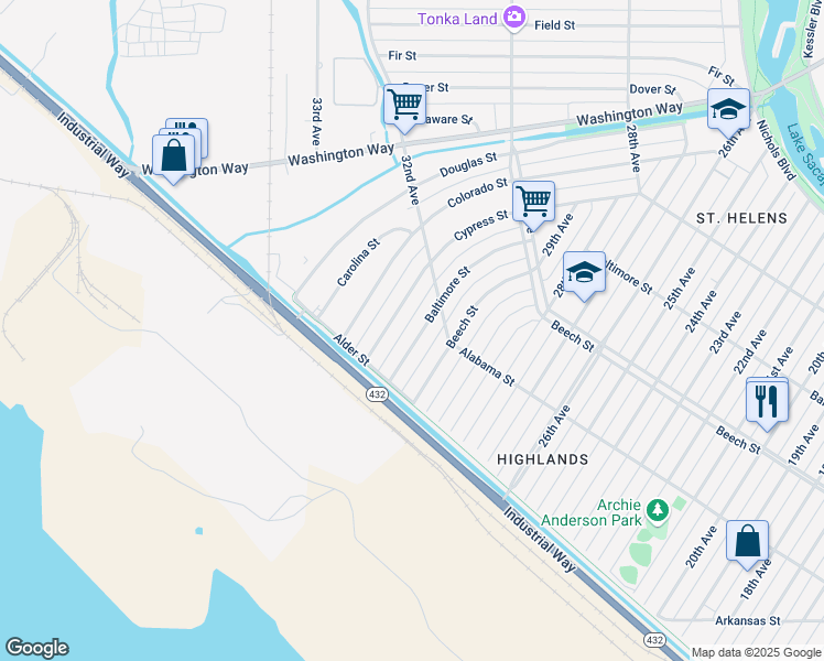 map of restaurants, bars, coffee shops, grocery stores, and more near 293 Baltimore Street in Longview