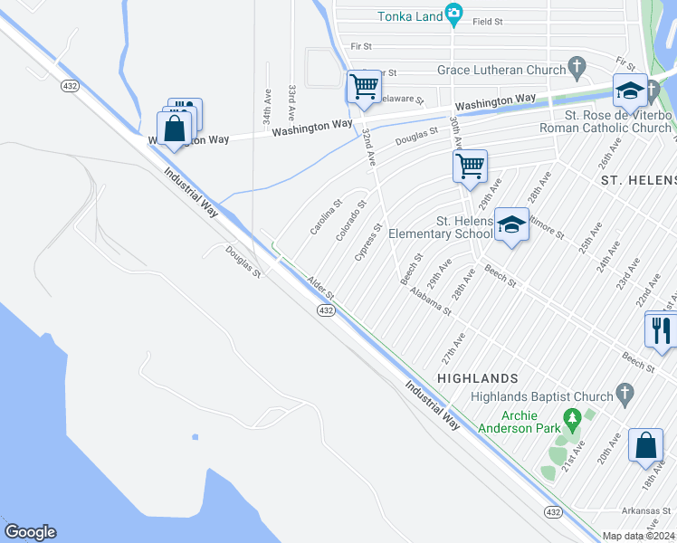 map of restaurants, bars, coffee shops, grocery stores, and more near 219 Cypress Street in Longview