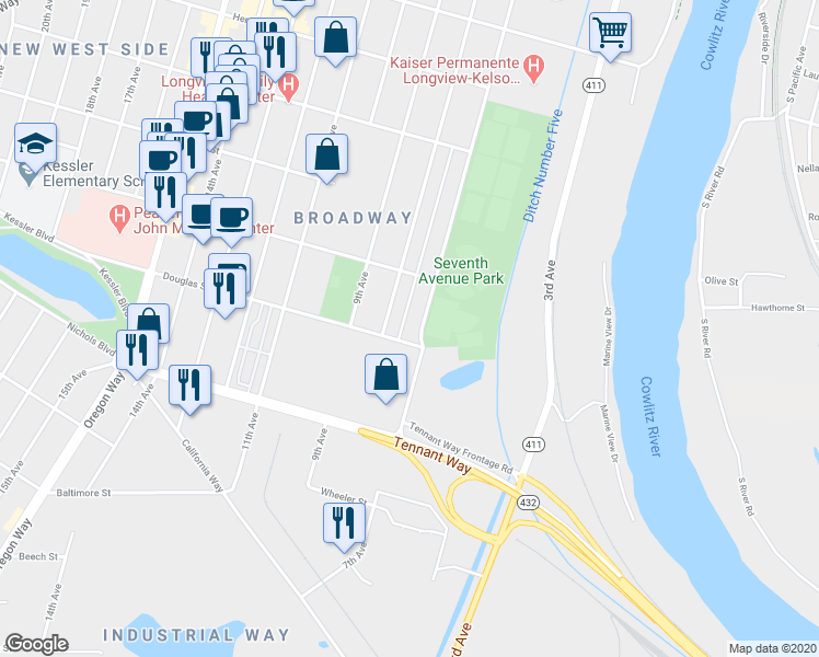 map of restaurants, bars, coffee shops, grocery stores, and more near 815 7th Avenue in Longview