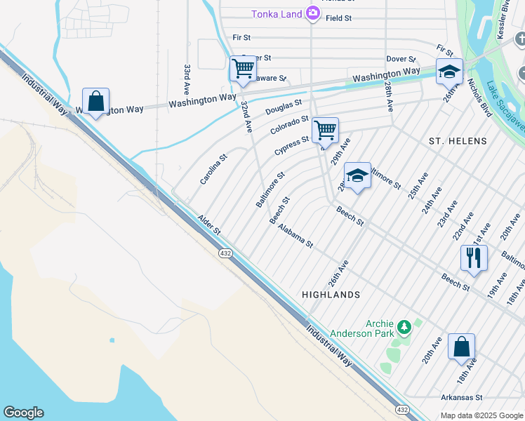 map of restaurants, bars, coffee shops, grocery stores, and more near 293 Baltimore Street in Longview
