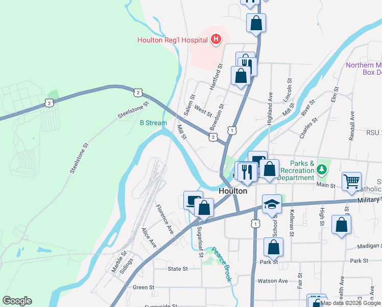 map of restaurants, bars, coffee shops, grocery stores, and more near 41 Mill Street in Houlton