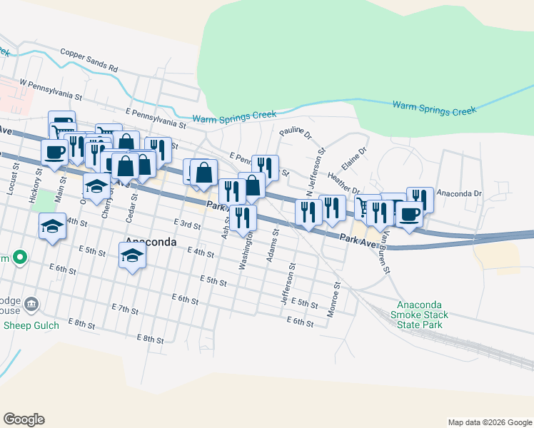 map of restaurants, bars, coffee shops, grocery stores, and more near 910 Pintler Veterans Memorial Scenic Highway in Anaconda