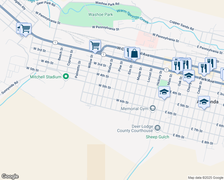 map of restaurants, bars, coffee shops, grocery stores, and more near 417 Walnut Street in Anaconda