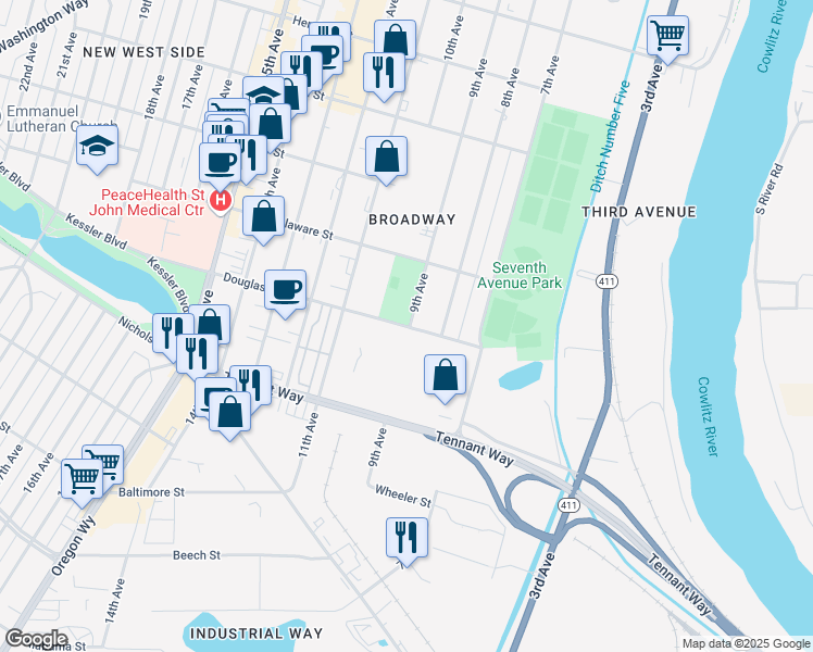 map of restaurants, bars, coffee shops, grocery stores, and more near 907 Douglas Street in Longview