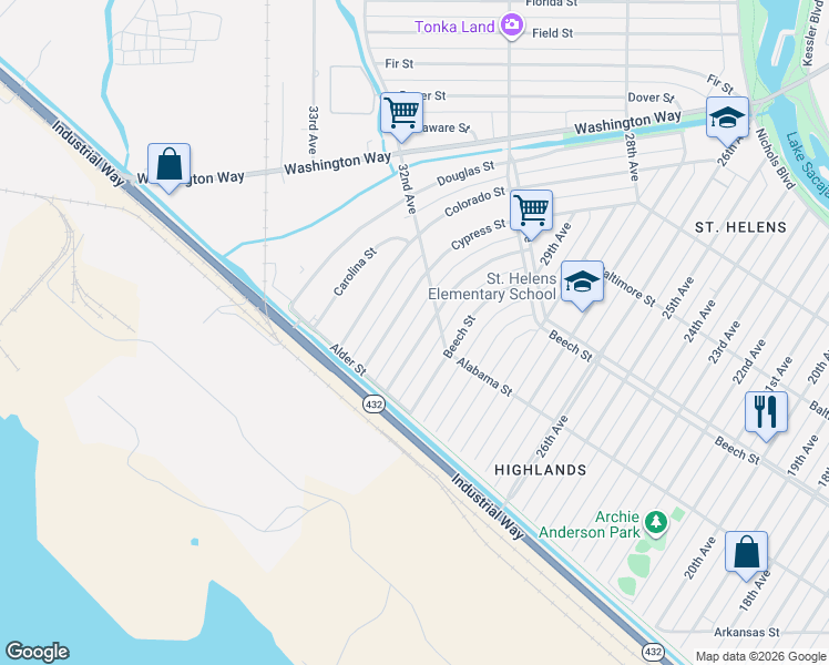 map of restaurants, bars, coffee shops, grocery stores, and more near 293 Baltimore Street in Longview