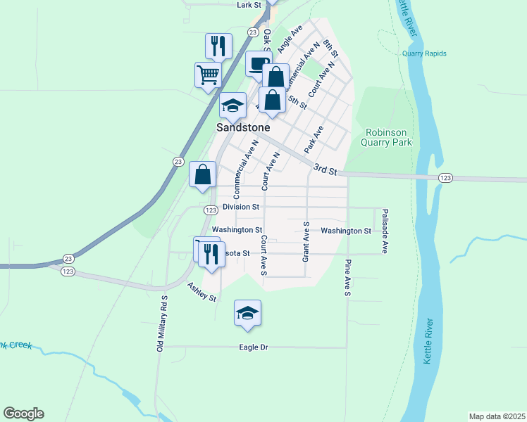map of restaurants, bars, coffee shops, grocery stores, and more near 222 Division Street in Sandstone