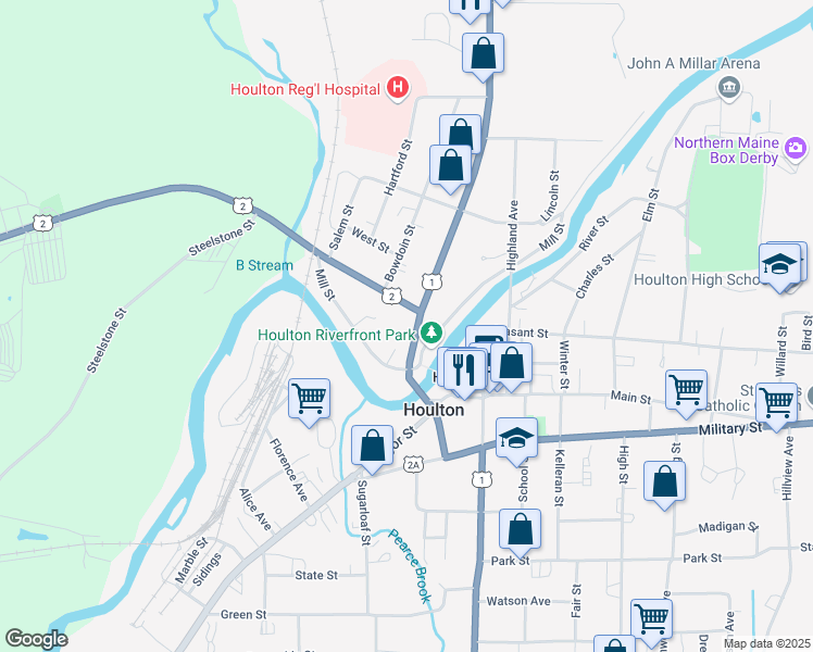 map of restaurants, bars, coffee shops, grocery stores, and more near 22 North Street in Houlton
