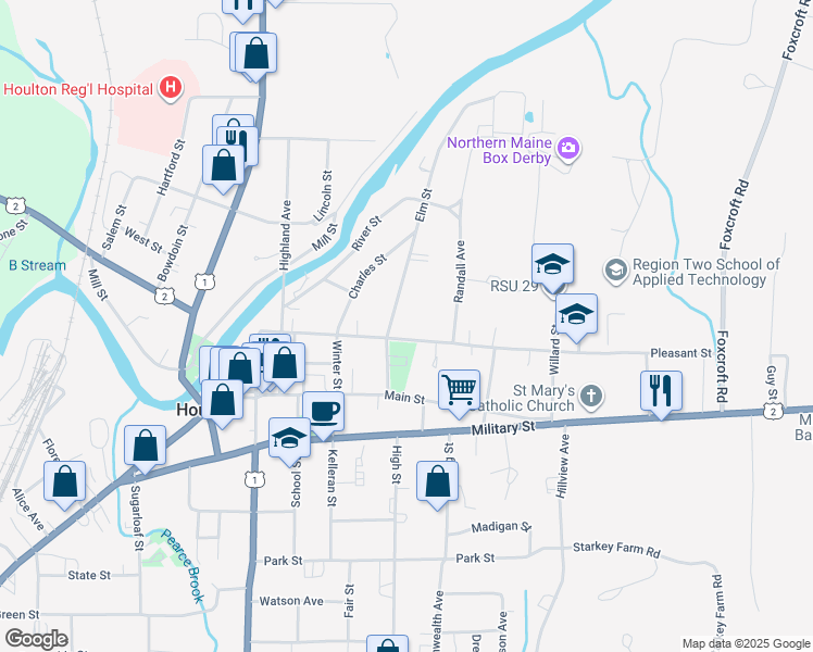 map of restaurants, bars, coffee shops, grocery stores, and more near 7 Elm Street in Houlton