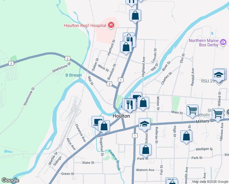 map of restaurants, bars, coffee shops, grocery stores, and more near 22 North Street in Houlton