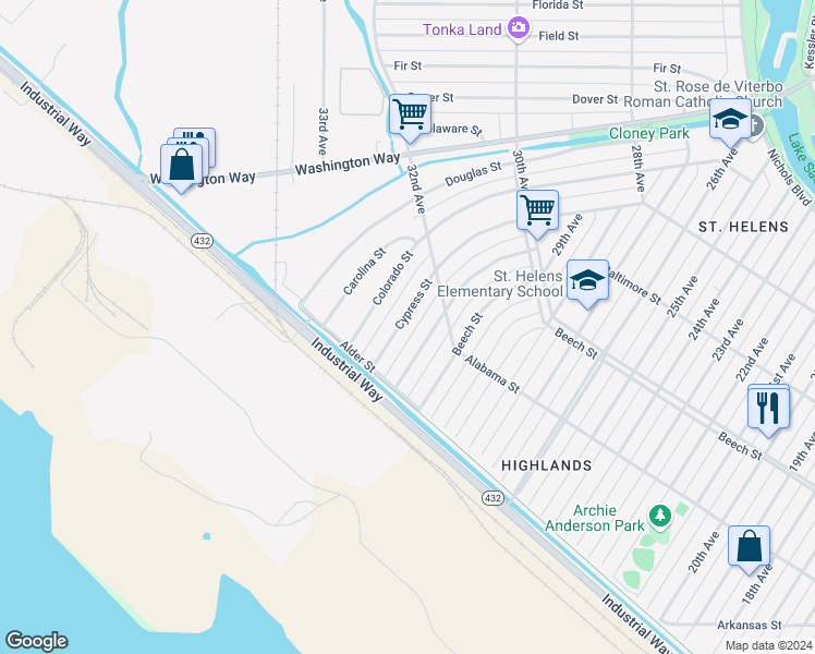 map of restaurants, bars, coffee shops, grocery stores, and more near 247 Cypress Street in Longview