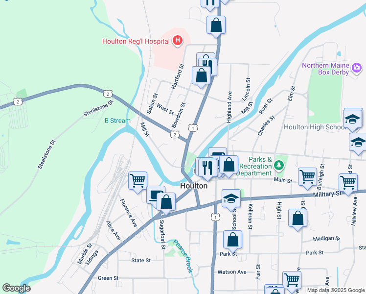 map of restaurants, bars, coffee shops, grocery stores, and more near 22 North Street in Houlton