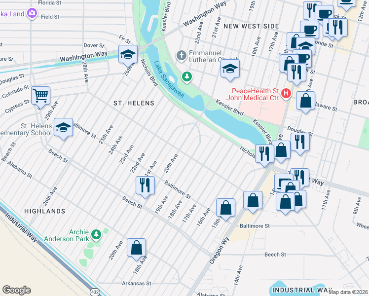 map of restaurants, bars, coffee shops, grocery stores, and more near 608 20th Avenue in Longview