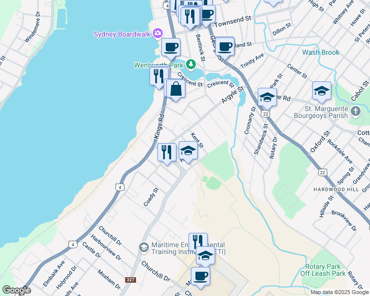 map of restaurants, bars, coffee shops, grocery stores, and more near 34 Court Street in Sydney