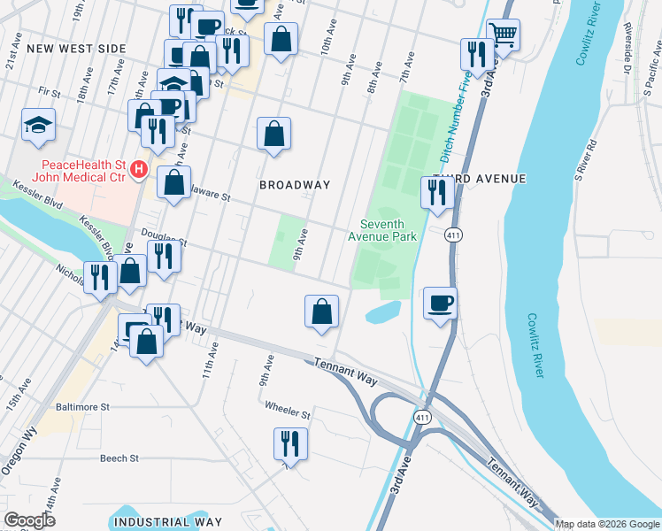 map of restaurants, bars, coffee shops, grocery stores, and more near 835 8th Avenue in Longview