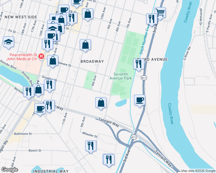 map of restaurants, bars, coffee shops, grocery stores, and more near 843 7th Avenue in Longview