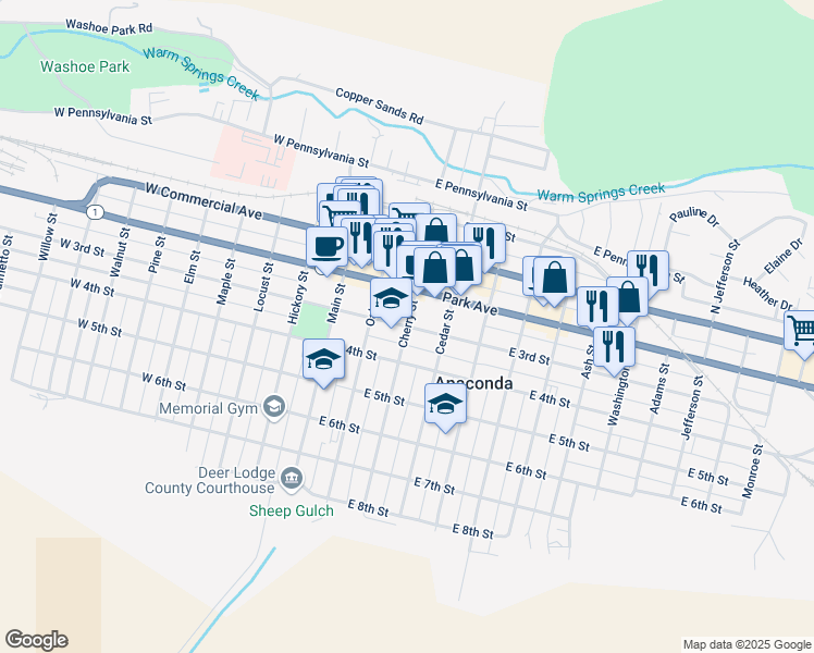 map of restaurants, bars, coffee shops, grocery stores, and more near 300 East 3rd Street in Anaconda