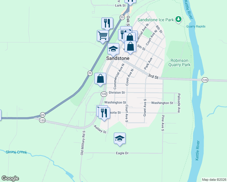 map of restaurants, bars, coffee shops, grocery stores, and more near 1 Commercial Avenue North in Sandstone