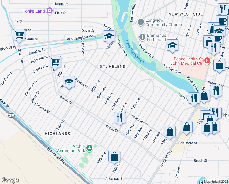 map of restaurants, bars, coffee shops, grocery stores, and more near 530 23rd Avenue in Longview
