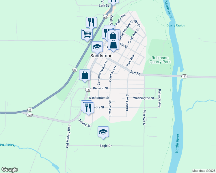 map of restaurants, bars, coffee shops, grocery stores, and more near 222 Division Street in Sandstone