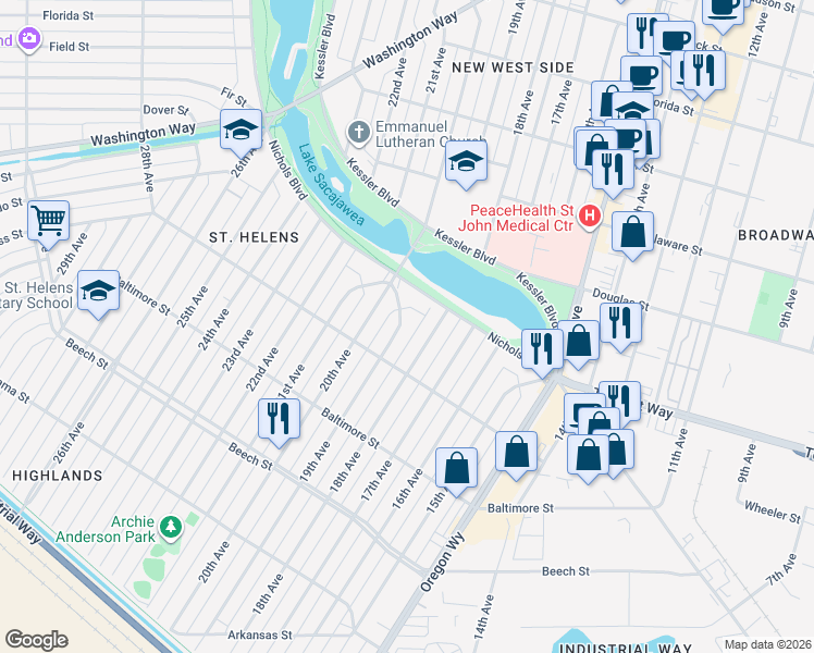 map of restaurants, bars, coffee shops, grocery stores, and more near 636 19th Avenue in Longview