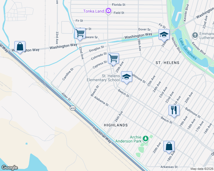 map of restaurants, bars, coffee shops, grocery stores, and more near 365 29th Avenue in Longview