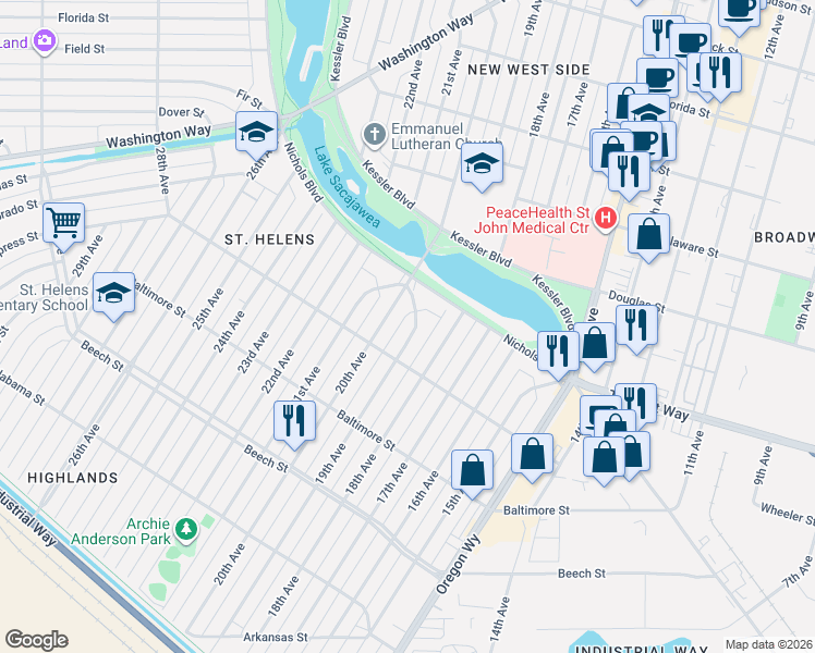 map of restaurants, bars, coffee shops, grocery stores, and more near 636 19th Avenue in Longview