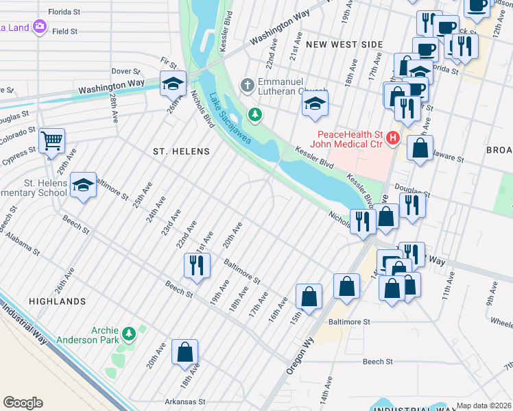 map of restaurants, bars, coffee shops, grocery stores, and more near 620 20th Avenue in Longview