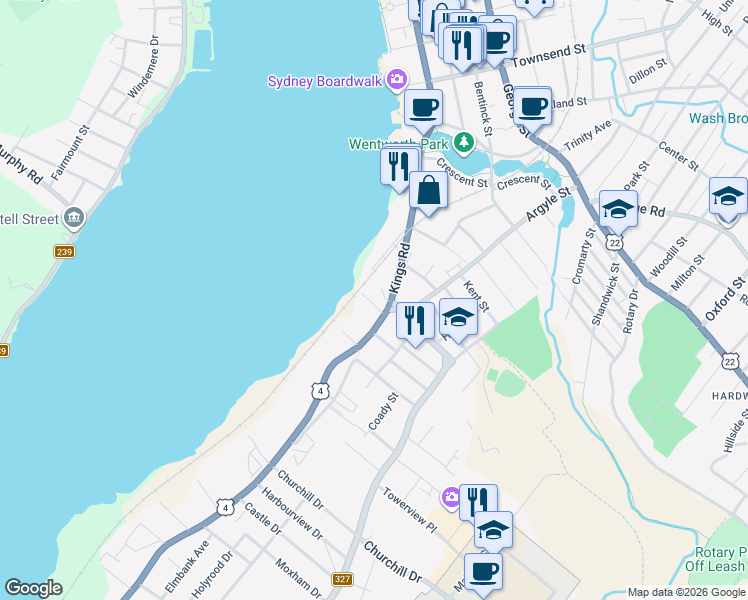map of restaurants, bars, coffee shops, grocery stores, and more near 14 Bayview Street in Sydney