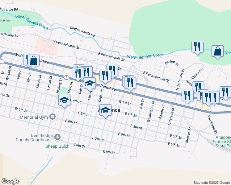 map of restaurants, bars, coffee shops, grocery stores, and more near 505 W Park Ave in Anaconda