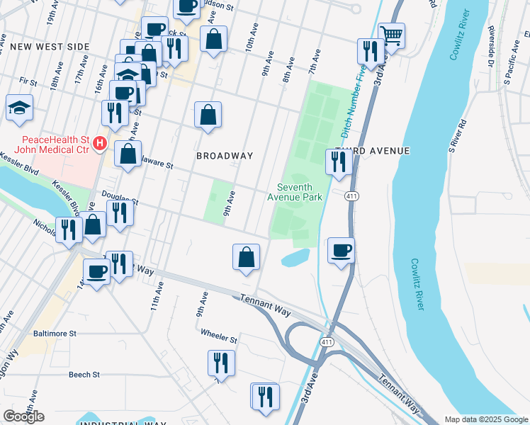 map of restaurants, bars, coffee shops, grocery stores, and more near 843 7th Avenue in Longview