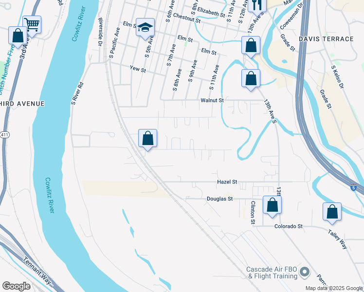 map of restaurants, bars, coffee shops, grocery stores, and more near 303 Hawthorne Street in Kelso