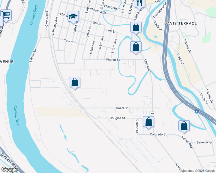 map of restaurants, bars, coffee shops, grocery stores, and more near 409 Hawthorne Street in Kelso