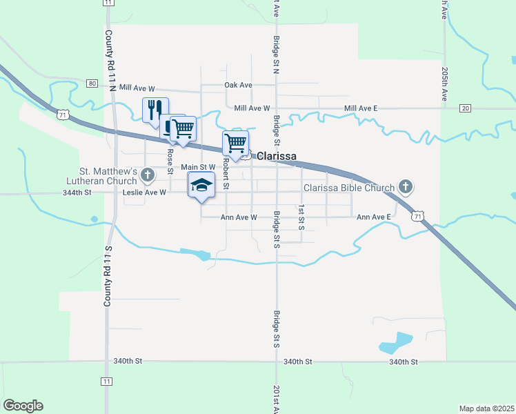 map of restaurants, bars, coffee shops, grocery stores, and more near 105 John Street South in Clarissa