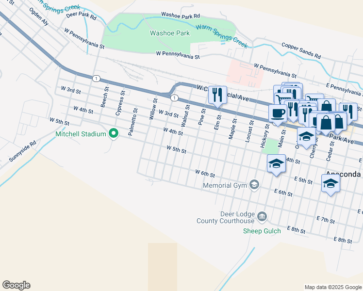 map of restaurants, bars, coffee shops, grocery stores, and more near 417 Walnut Street in Anaconda