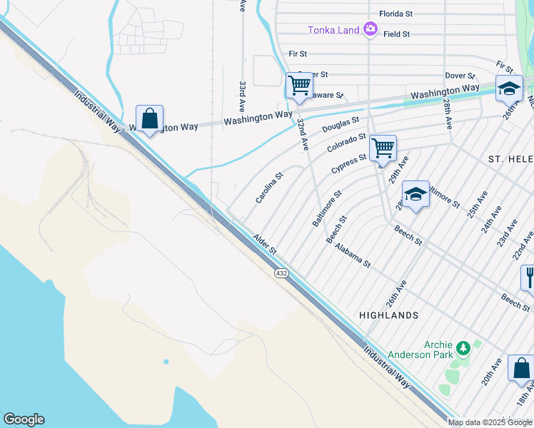 map of restaurants, bars, coffee shops, grocery stores, and more near 221 Colorado Street in Longview