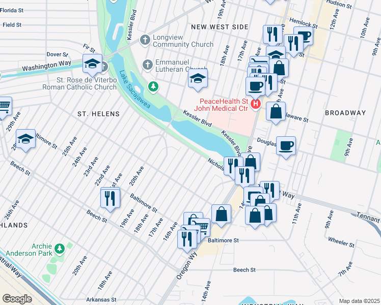 map of restaurants, bars, coffee shops, grocery stores, and more near 664 18th Avenue in Longview