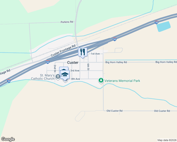 map of restaurants, bars, coffee shops, grocery stores, and more near 546 3rd Ave in Custer
