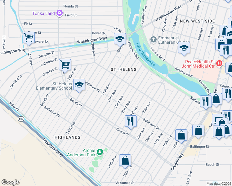 map of restaurants, bars, coffee shops, grocery stores, and more near 520 24th Avenue in Longview