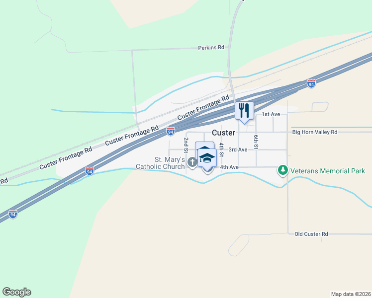 map of restaurants, bars, coffee shops, grocery stores, and more near 200 3rd Avenue in Custer