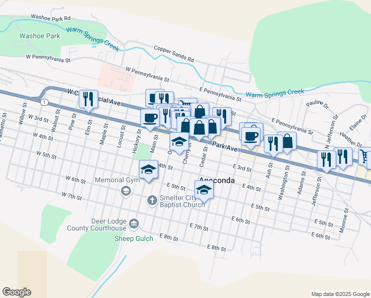 map of restaurants, bars, coffee shops, grocery stores, and more near 218 East 3rd Street in Anaconda