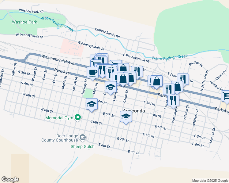 map of restaurants, bars, coffee shops, grocery stores, and more near 218 East 3rd Street in Anaconda