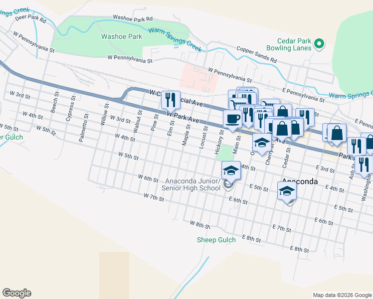 map of restaurants, bars, coffee shops, grocery stores, and more near 320 West 4th Street in Anaconda